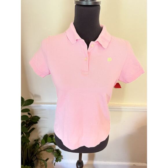 Lilly Pulitzer Shrunken Pink Short Sleeve Polo Green Palm Preppy core petite‎ M - Picture 1 of 10